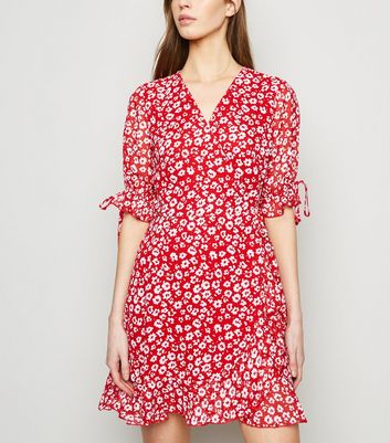 Red Floral Tie Puff Sleeve Wrap Dress ...